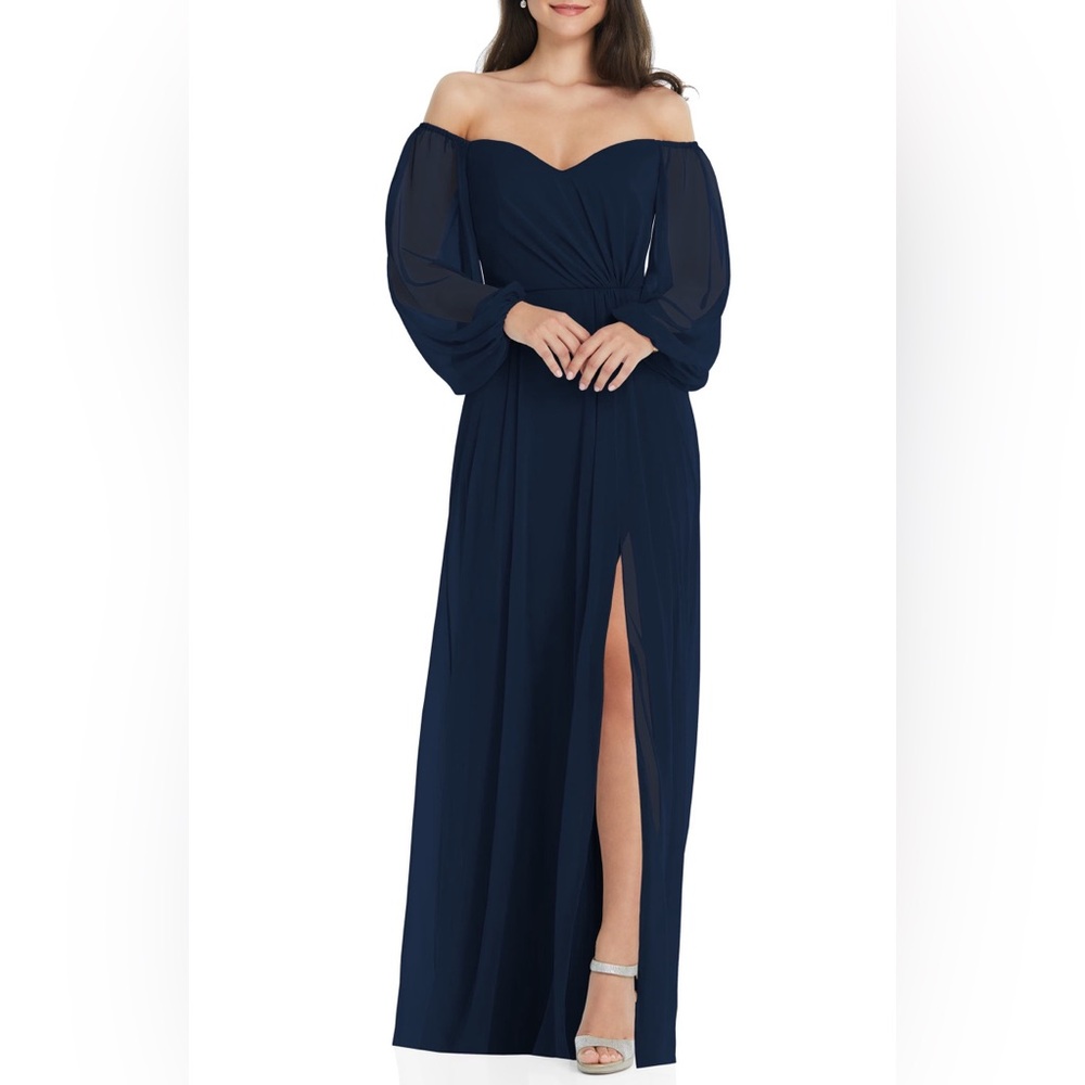 NWT Dessy Collection Sweetheart Off Shoulder Long Sleeve Chiffon Gown in Navy